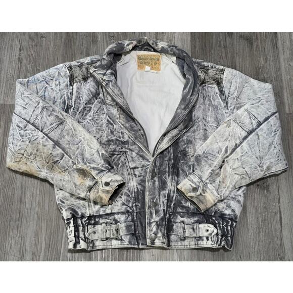 Vintage Hard Rock Denim By CODA Blue Antique Acid Wash Bomber Jacket Cloth Line - Picture 2 of 14